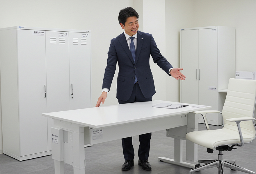 オフィス家具を販売する男性